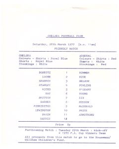 Chelsea v Arsenal Rare Football Programme for the friendly match played on the 26th March 1977.