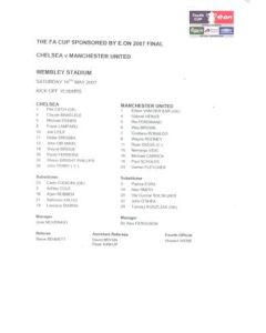 2007 F.A. Cup Final Chelsea v Manchester United official colour teamsheet 19/05/2007