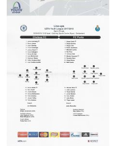 2018 UEFA Youth League Semi Final Teamsheet Chelsea v Porto