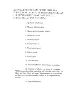 Agenda of Chelsea Supporters' Club Meeting on 11/09/1999