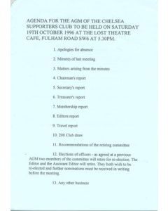 Chelsea Supporters' Club Annual General Meeting Agenda of 19/10/1996