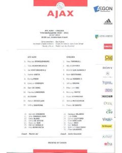 Ajax V Chelsea Teamsheet 23/07/2010 Official Directors Issue