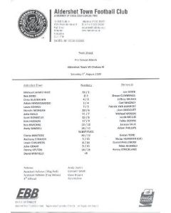 Aldershot Town v Chelsea XI teamsheet 01/08/2009