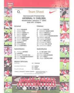 Arsenal v Chelsea official colour teamsheet 01/01/2003 Premier League