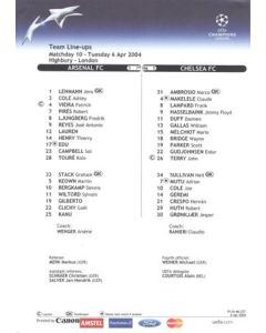 Arsenal v Chelsea official colour teamsheet 06/04/2004 Champions League