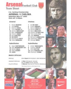 Arsenal v Chelsea official colour teamsheet 06/05/2000 Premier League