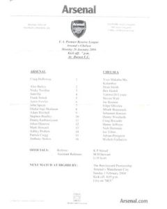 Arsenal v Chelsea official teamsheet 26/01/2004 F.A. Premier Reserve League