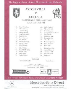 Aston Villa v Chelsea official colour printed teamsheet 09/02/2002