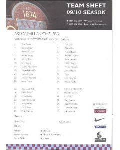 Aston Villa v Chelsea colour teamsheet 17/10/2009