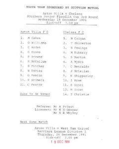 Aston Villa vChelsea official programme 19/12/1991 Youth Teams, Southern Junior Flood Light Cup