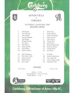 Aston Villa v Chelsea official colour teamsheet 22/01/2000