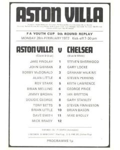 Aston Villa vChelsea official programme 28/02/1972 Youth Cup Replay
