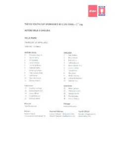 Aston Villa v Chelsea official colour teamsheet 29/05/2010 FA Youth Cup
