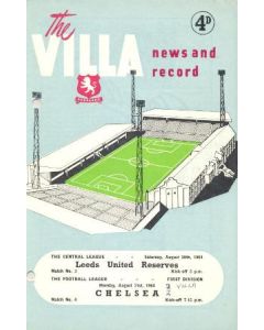 Aston Villa vChelsea and Leeds United Reserves v Aston Villa Reserves official programme 29-31/08/1964, reduced price