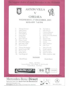Aston Villa v Chelsea official colour teamsheet 17/12/2003 Carling Cup