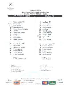Atletico Madrid v Chelsea official teamsheet 03/11/2009