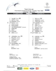Barcelona v Chelsea official colour teamsheet 07/03/2006 Champions League