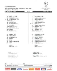 Barcelona v Chelsea official colour teamsheet 18/04/2000 Champions League