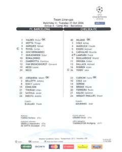 Barcelona v Chelsea official colour teamsheet 31/10/2006 Champions League