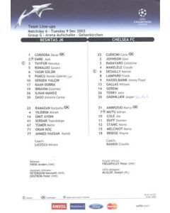 Besiktas v Chelsea official colour teamsheet 09/12/2003 Champions League