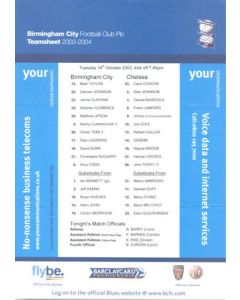 Birmingham v Chelsea official colour teamsheet 14/10/2003 Premier League