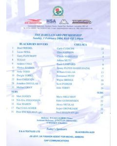 Blackburn Rovers v Chelsea official colour teamsheet 01/02/2004 Premier League