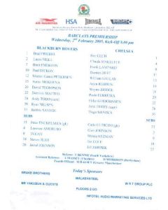 Blackburn Rovers v Chelsea teamsheet 02/02/2005