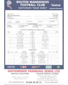 Bolton Wanderers v Chelsea official colour printed teamsheet 06/12/2008