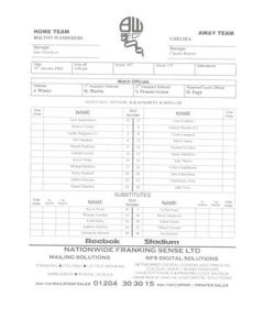 Bolton Wanderers v Chelsea official teamsheet 12/01/2002