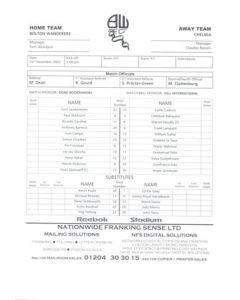 Bolton Wanderers v Chelsea official teamsheet 23/11/2002
