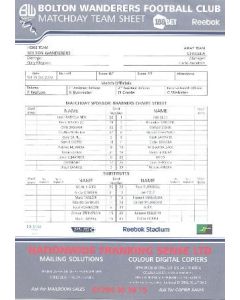 Bolton Wanderers v Chelsea colour teamsheet 31/10/2009