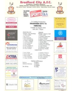 Bradford City v Chelsea official colour teamsheet 22/08/2000 Carling Premiership