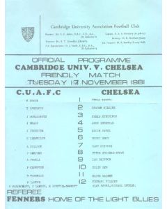 Cambridge University vChelsea Official Programme 17/11/1981