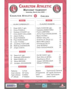 Charlton Athletic v Chelsea official colour teamsheet 02/03/2002 Premier League