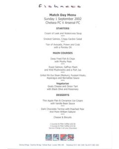 Chelsea v Arsenal Fishnets menu 01/09/2002