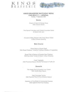 Chelsea v Arsenal King's Brasserie menu 01/09/2002