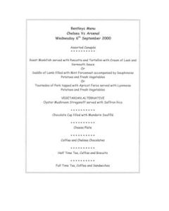 Chelsea v Arsenal Bentley's menu 06/09/2000