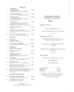 Chelsea v Arsenal menu 08/08/2001