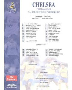 Chelsea v Arsenal official colour teamsheet 08/09/2001 Premier League
