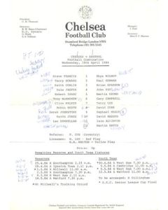 Chelsea v Arsenal Reserves official teamsheet 18/04/1984 Football Combination