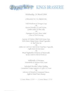 Chelsea v Arsenal Kings Brasserie menu 24/03/2004