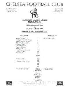 Chelsea v Arsenal U18 official programme 12/02/2005 FA Premier Academy League and U18 Fixtures