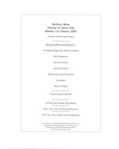 Chelsea v Aston Villa Bentleys menu 01/01/2001