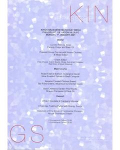 Chelsea v Aston Villa Kings Brasserie menu 01/01/2001