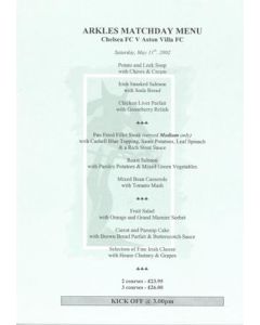 Chelsea v Aston Villa Arkles menu 11/05/2002