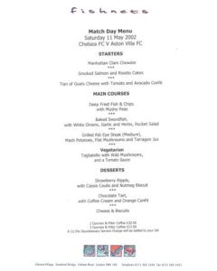 Chelsea v Aston Villa Fishnets menu 11/05/2002