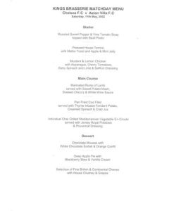 Chelsea v Aston Villa Kings Brasserie menu 11/05/2002