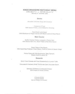 Chelsea v Aston Villa Kings Brasserie menu 21/12/2002