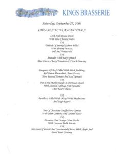 Chelsea v Aston Villa Kings Brasserie menu 27/09/2003 Premier League