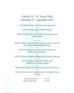 Chelsea v Aston Villa not branded menu 27/09/2003 Premier League